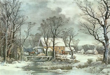 Winter In The Country The Old Grist Mill Landscapes stream Oil Paintings
